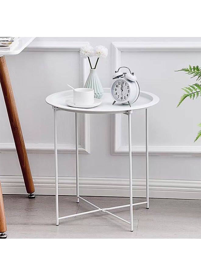 Nordic Folding Coffee Table Modern Multifunctional Sofa Side Table Living Room Wrought Iron Small Round Table Leisure Tray Table Outdoor Universal Mini Round Table White - Image 1